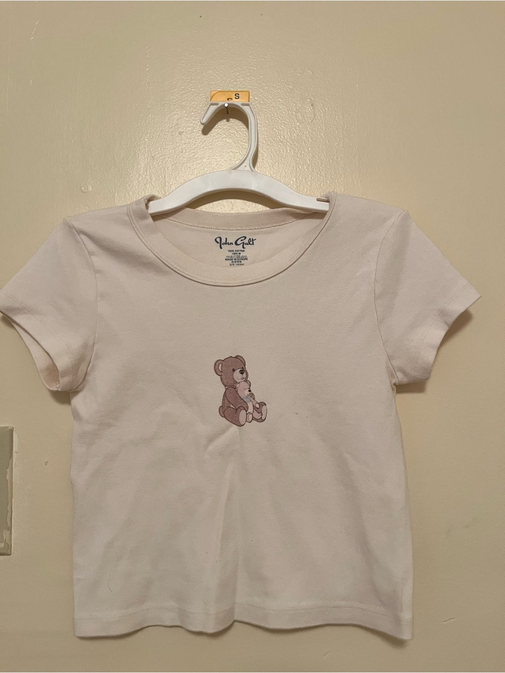 Brandy Melville Cream Tee with Pink/Brown Bear Graphic